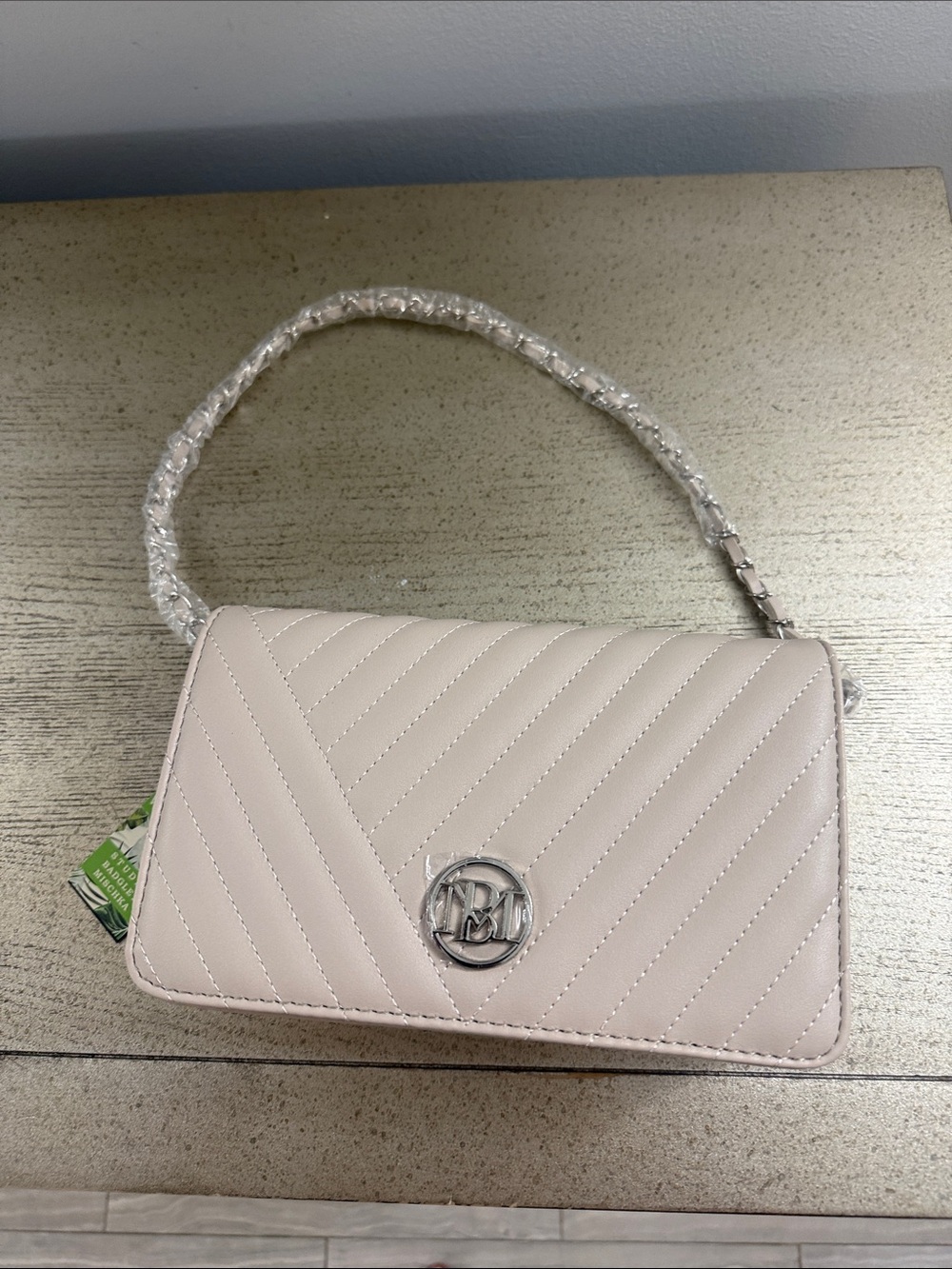 Badgley Mischka Quilted Pale Pink Shoulder Bag with Silver Logo